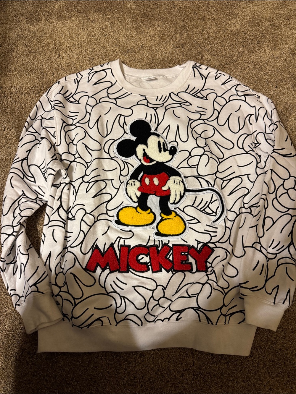 Disney White Crewneck Sweatshirt with Mickey Graphic and Red Lettering